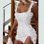 White Straps Sequins Tassles Bodycon Party Slit Sexy Club Dress