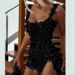 Black Straps Sequins Tassles Bodycon Party Slit Sexy Club Dress