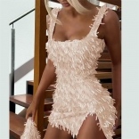Beige Straps Sequins Tassles Bodycon Party Slit Sexy Club Dress
