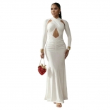 White Long Sleeve Hollow Out Bandage Pleated Bodycon Evening Party Luxury Maxi Dress