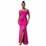 Rose Red Pleated Off Shoulder Ruched Waist High Split Evening Elegant Maxi Dress