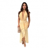 Yellow Printed Halter Neck Deep V Neck Summer Vacation Slim Midi Dress