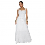 White Straps Ruched Fashion Tops Lace Up Pleated Vacation Casual Maxi Dress