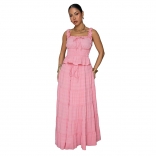 Pink Straps Ruched Fashion Tops Lace Up Pleated Vacation Casual Maxi Dress