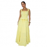Yellow Straps Ruched Fashion Tops Lace Up Pleated Vacation Casual Maxi Dress