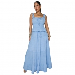 Blue Straps Ruched Fashion Tops Lace Up Pleated Vacation Casual Maxi Dress
