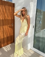 Yellow Sleeveless Deep V Neck Sequins See Through Mesh Elegant Birthday Evening Dress
