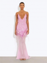Pink Sleeveless Deep V Neck Sequins See Through Mesh Elegant Birthday Evening Dress