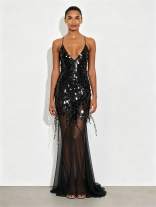 Black Sleeveless Deep V Neck Sequins See Through Mesh Elegant Birthday Evening Dress