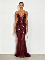 Claret Sleeveless Deep V Neck Sequins See Through Mesh Elegant Birthday Evening Dress