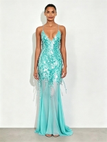 Cyan Sleeveless Deep V Neck Sequins See Through Mesh Elegant Birthday Evening Dress