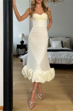 White Straps Low Cut Ruched Bodycon Women Party Vacation Midi Dress