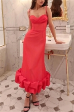 Red Straps Low Cut Ruched Bodycon Women Party Vacation Midi Dress