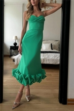 Green Straps Low Cut Ruched Bodycon Women Party Vacation Midi Dress
