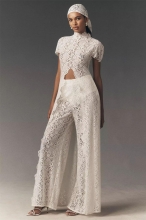 White Two Pieces Lace Hollow Out Sexy Women Crop Tops Long Pant Sets
