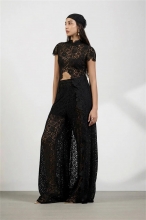 Black Two Pieces Lace Hollow Out Sexy Women Crop Tops Long Pant Sets