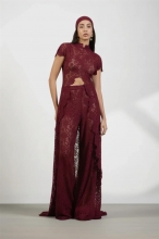 Claret Two Pieces Lace Hollow Out Sexy Women Crop Tops Long Pant Sets