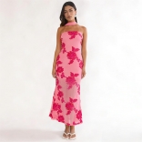Red Strapless Lace Sheer Women Bodycon Midi Luxury Dress