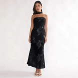 Black Strapless Lace Sheer Women Bodycon Midi Luxury Dress
