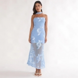 Blue Strapless Lace Sheer Women Bodycon Midi Luxury Dress