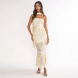 Yellow Strapless Lace Sheer Women Bodycon Midi Luxury Dress