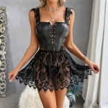 Black Strap PU Leather Lace Up Crosets Bandage Lace Patchwork Sexy Women Erotic Lingerie Skirt
