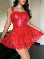 Red Strap PU Leather Lace Up Crosets Bandage Lace Patchwork Sexy Women Erotic Lingerie Skirt