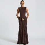 Brown Sleeveless Ruched Bodycon Fashion Mesh Elegant Evening Party Gowns Dress