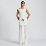 White Sleeveless Ruched Bodycon Fashion Mesh Elegant Evening Party Gowns Dress