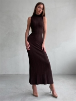 Brown Sleeveless Knited Women Casual Waisted Bodycon Midi Dress