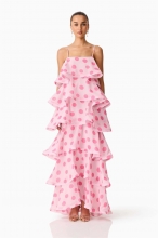Pink Straps Printed Polka Dot Ruffles Fashion Casual Vacation Maxi Dress