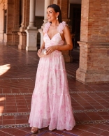 Pink Ruched Straps Printed Women Vacation Maxi Dress