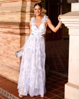 Light Purple Ruched Straps Printed Women Vacation Maxi Dress