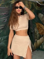 Apricot Two Pieces Knitwear Crop Tops with Split Button Mini Skirt Sets