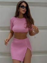 Pink Two Pieces Knitwear Crop Tops with Split Button Mini Skirt Sets