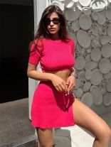Red Two Pieces Knitwear Crop Tops with Split Button Mini Skirt Sets