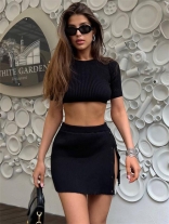 Black Two Pieces Knitwear Crop Tops with Split Button Mini Skirt Sets