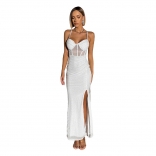 White Straps Low Cut V Neck Diamonds Bodycon Evening Formal Long Dress