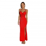Red Straps Low Cut V Neck Diamonds Bodycon Evening Formal Long Dress