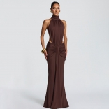 Brown Evening Halter Neck Cut Out Backless Ruched Bodycon Pleated Maxi Dress