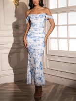 White Blue Print Off Shoulder Mesh Ruched Pleated Women Luxury Women Evening Dress