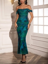 Green Print Off Shoulder Mesh Ruched Pleated Women Luxury Women Evening Dress