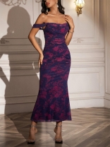 Purple Print Off Shoulder Mesh Ruched Pleated Women Luxury Women Evening Dress