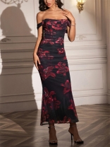 Red Print Off Shoulder Mesh Ruched Pleated Women Luxury Women Evening Dress