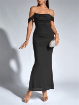 Black Off Shoulder Mesh Ruched Pleated Women Luxury Women Evening Dress
