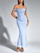 Light Blue Off Shoulder Mesh Ruched Pleated Women Luxury Women Evening Dress