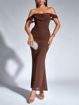 Brown Off Shoulder Mesh Ruched Pleated Women Luxury Women Evening Dress