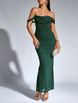 Dark Green Off Shoulder Mesh Ruched Pleated Women Luxury Women Evening Dress