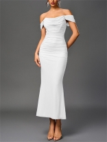 White Off Shoulder Mesh Ruched Pleated Women Luxury Women Evening Dress