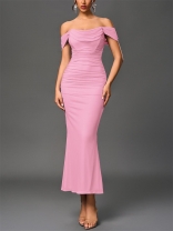 Pink Off Shoulder Mesh Ruched Pleated Women Luxury Women Evening Dress
